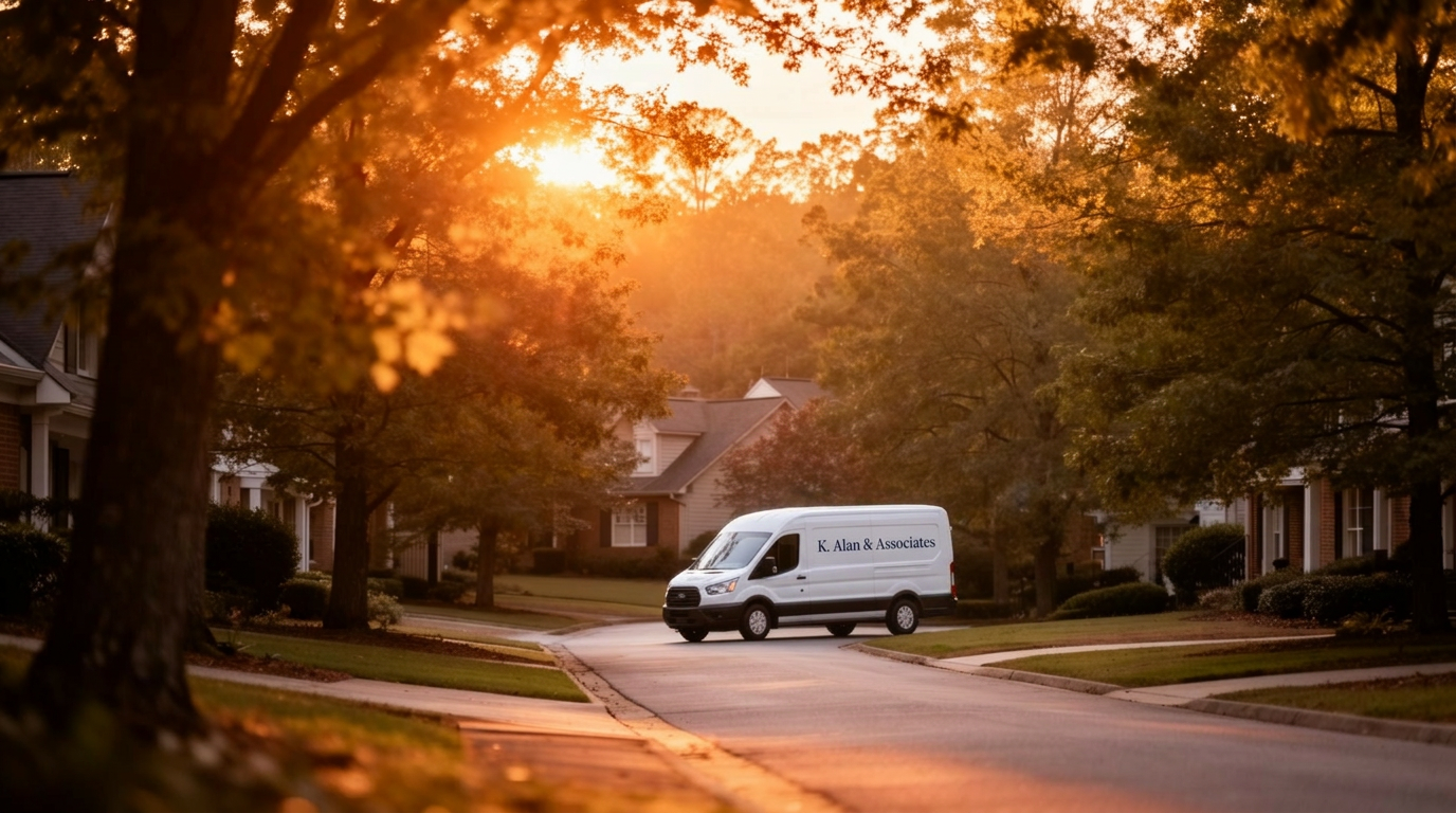 K. Alan & Associates non-emergency medical transport van on a quiet suburban Atlanta street at sunset